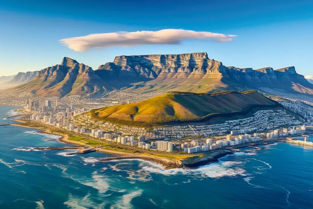 Aerial view of Table Mountain, Lion's Head, and the Cape Town coastline