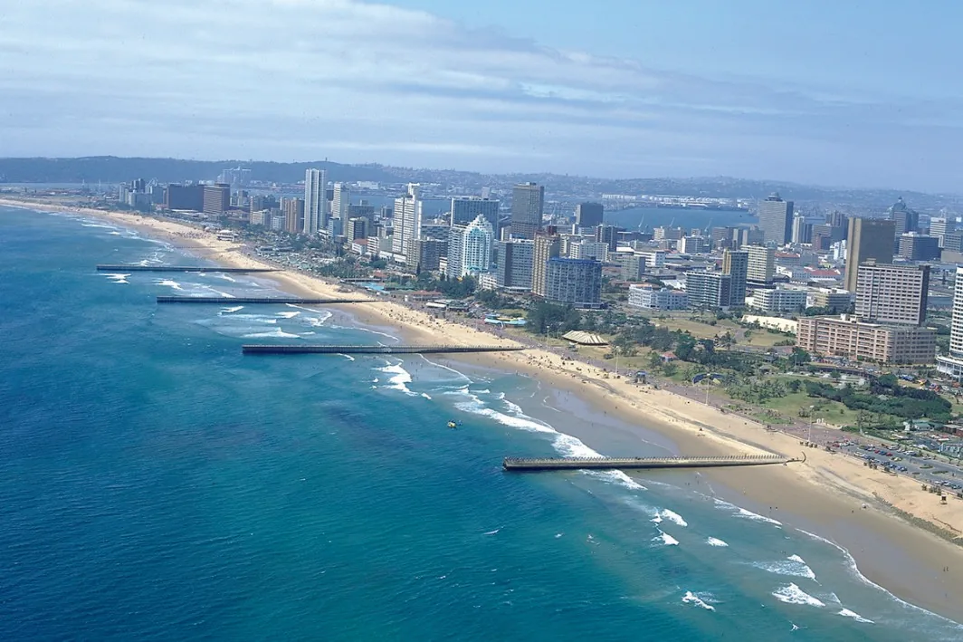 Aerial view of Durban's beachfront skyline at sunrise