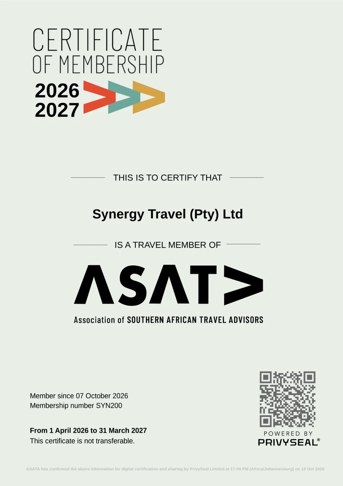 ASATA Certificate of Membership for Synergy Travel (Pty) Ltd, membership number SYN200, 1 April 2026 to 31 March 2027