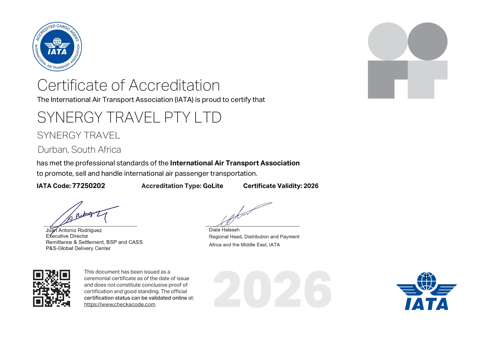 IATA Certificate of Accreditation for Synergy Travel Pty Ltd, Durban, IATA code 77250202, valid 2026