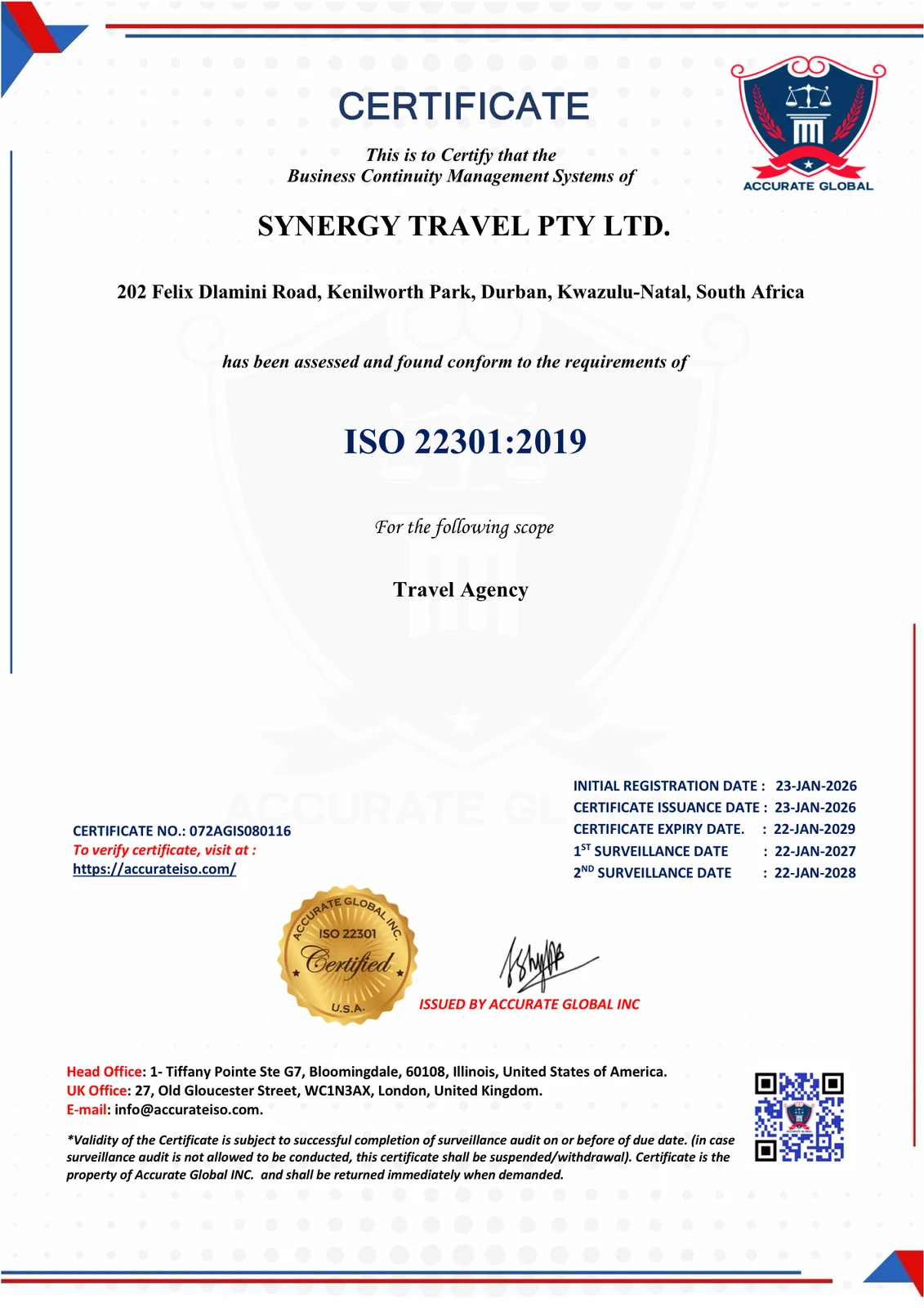 ISO 22301:2019 business continuity management certificate for Synergy Travel Pty Ltd, Durban, issued by Accurate Global Inc, certificate number 072AGIS080116, valid to 22 January 2029