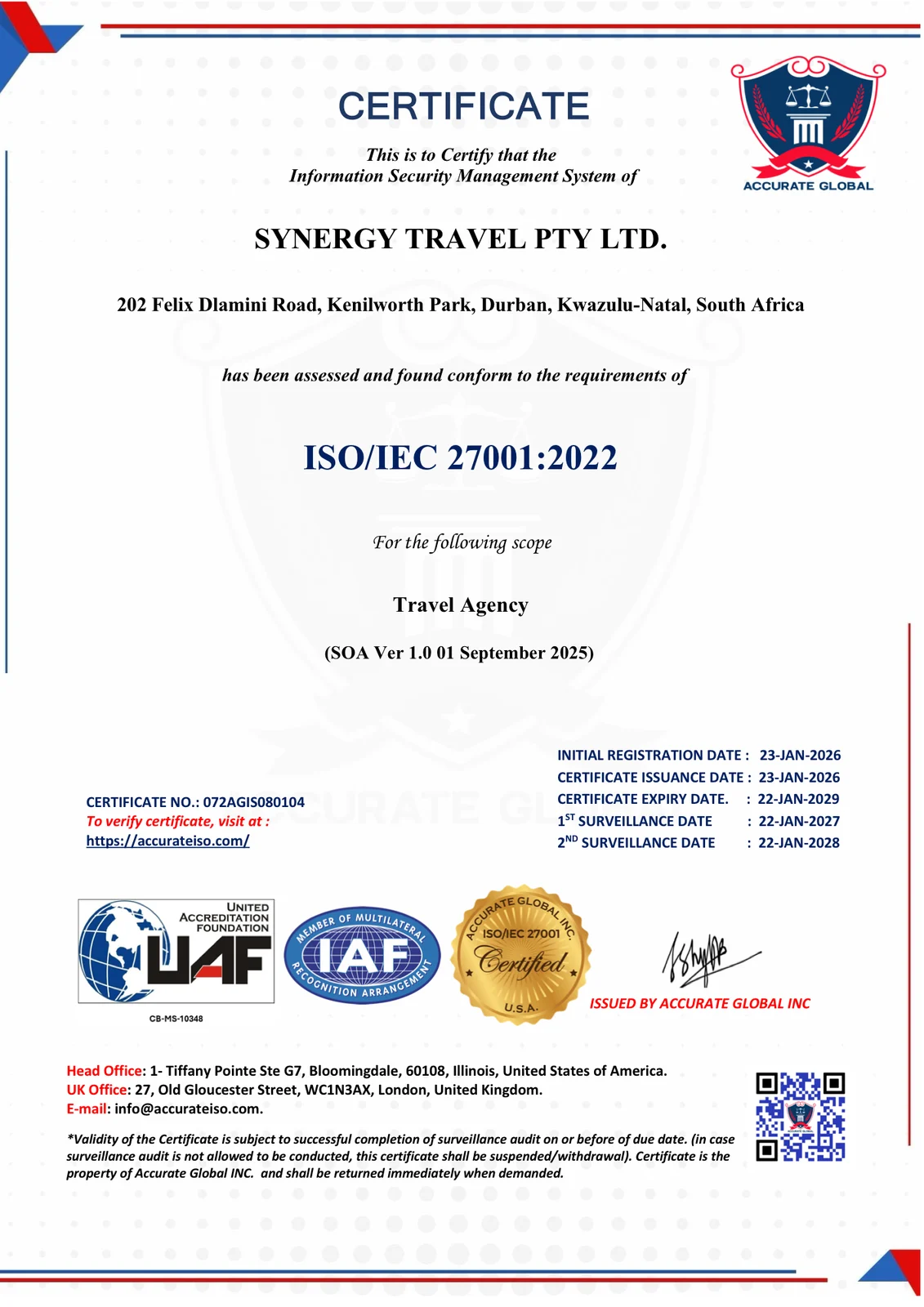 ISO/IEC 27001:2022 information security management certificate for Synergy Travel Pty Ltd, Durban, issued by Accurate Global Inc, certificate number 072AGIS080104, valid to 22 January 2029