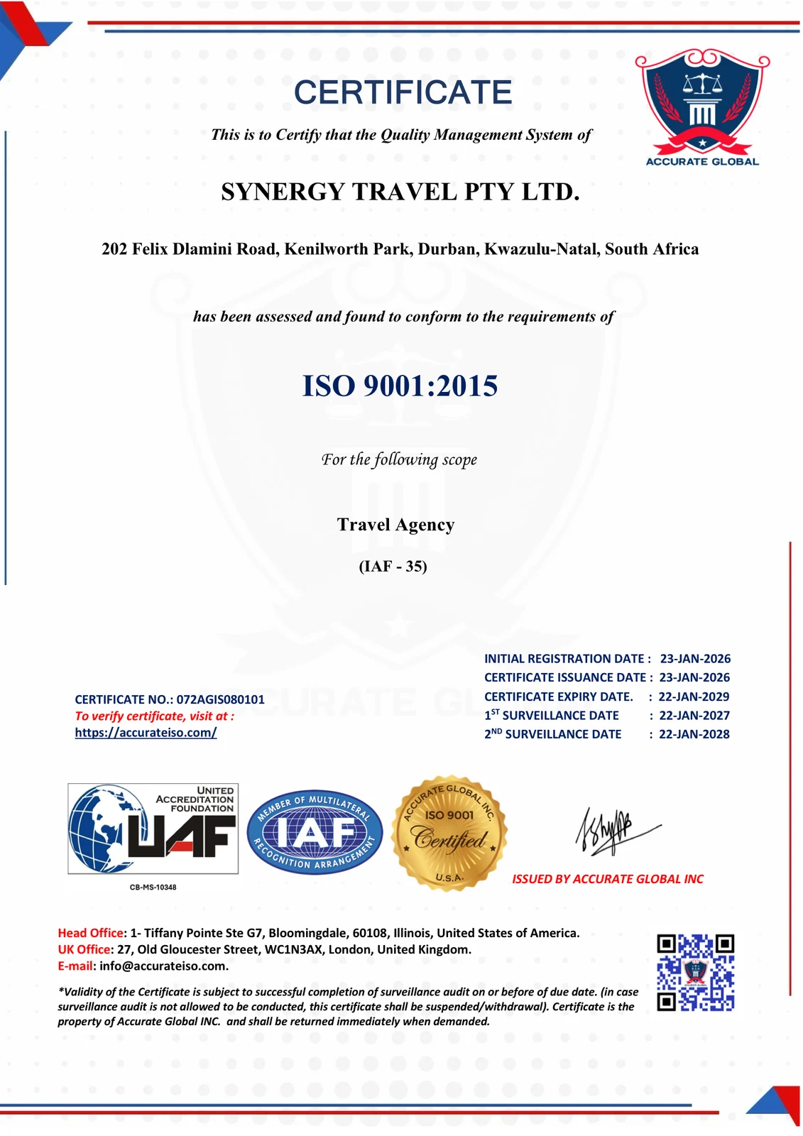 ISO 9001:2015 quality management certificate for Synergy Travel Pty Ltd, Durban, issued by Accurate Global Inc, certificate number 072AGIS080101, valid to 22 January 2029