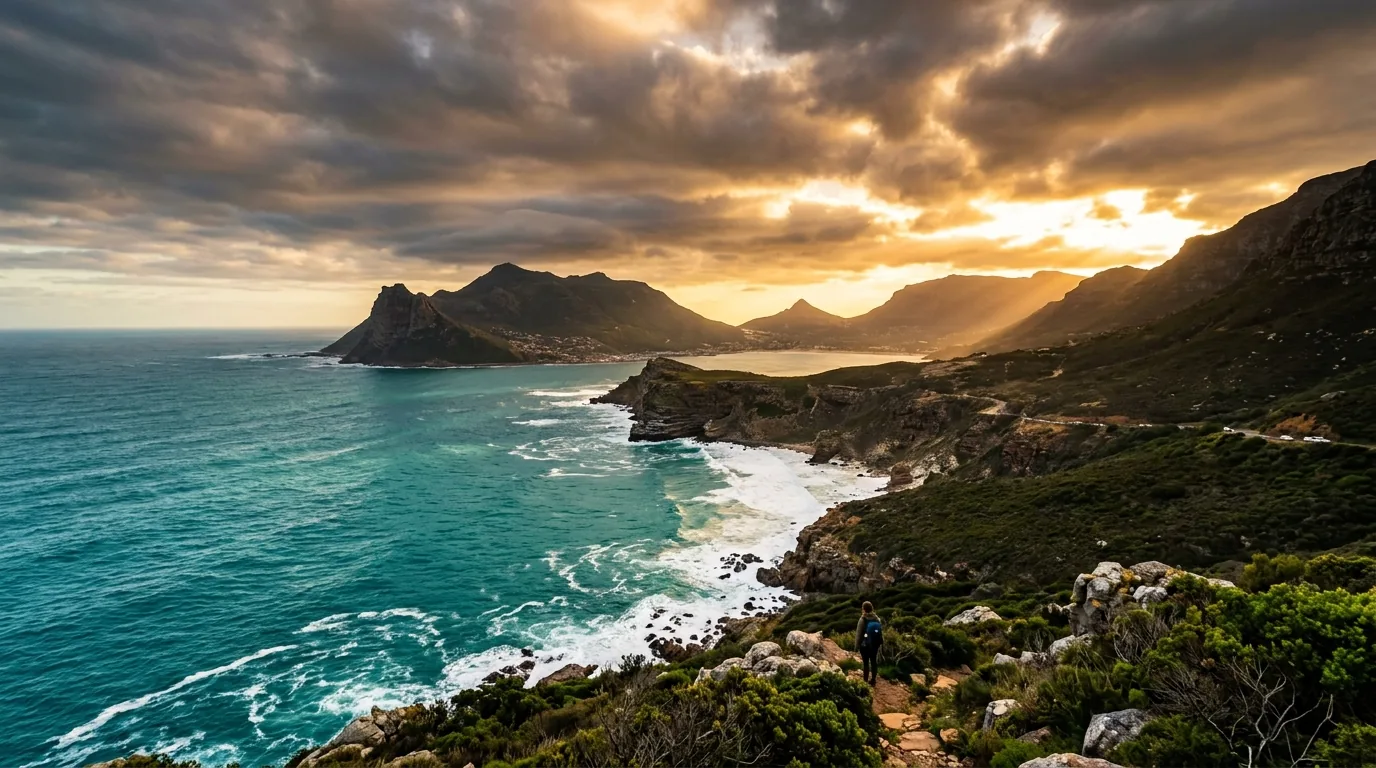 Dramatic coastal landscape of Cape of Good Hope with golden sunlight over turquoise ocean