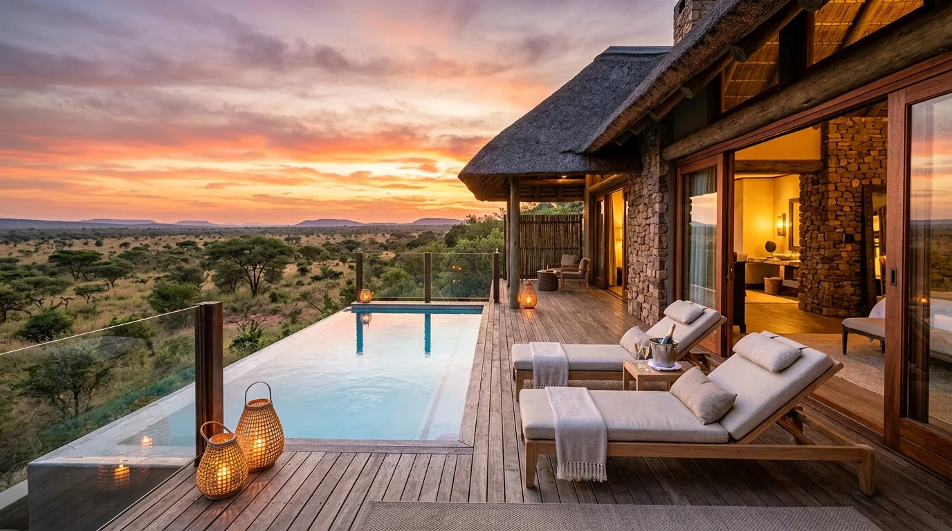Exceptional stays: Luxury safari deck with infinity pool overlooking wildlife at sunset