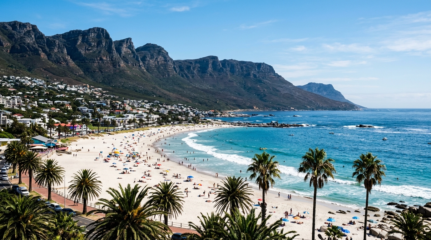 Iconic Cape Town coastline, azure Atlantic ocean, and Table Mountain under bright sun