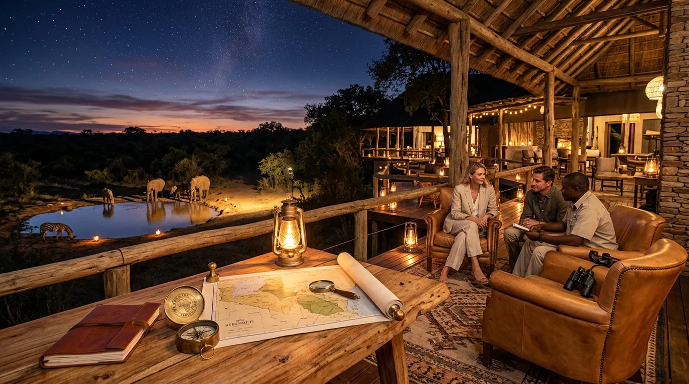 Luxury safari consultation lounge with leather armchairs and maps overlooking twilight bushveld