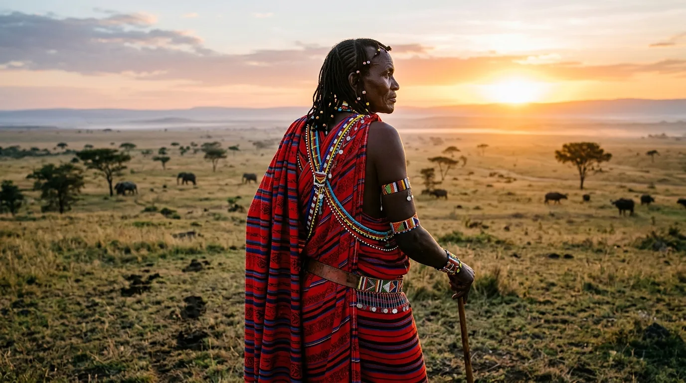 Authentic portrait of an African traveler in traditional shuka and beadwork at sunrise