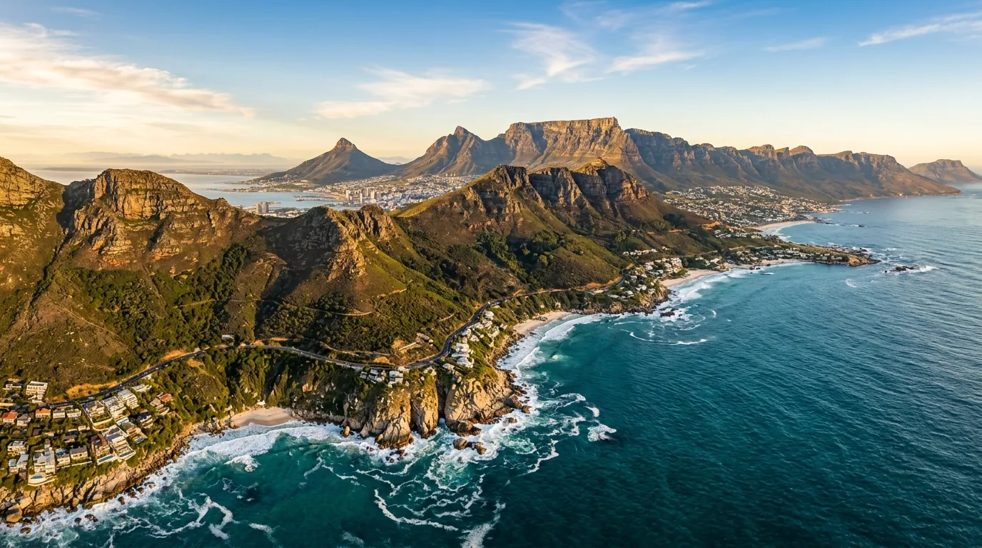 Panoramic aerial view of Cape Town and Table Mountain coastline under golden light