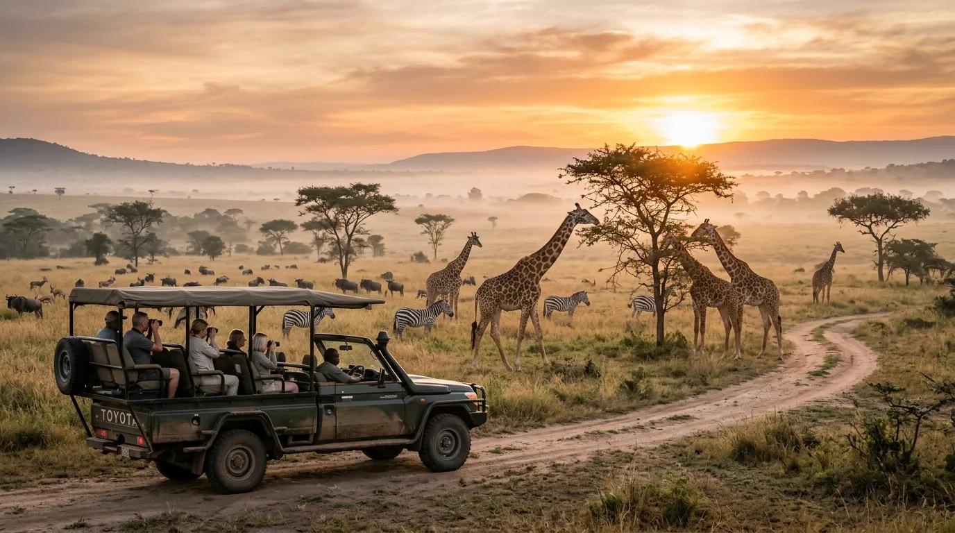 Open 4x4 safari cruiser watching wildlife across the golden sunrise savanna