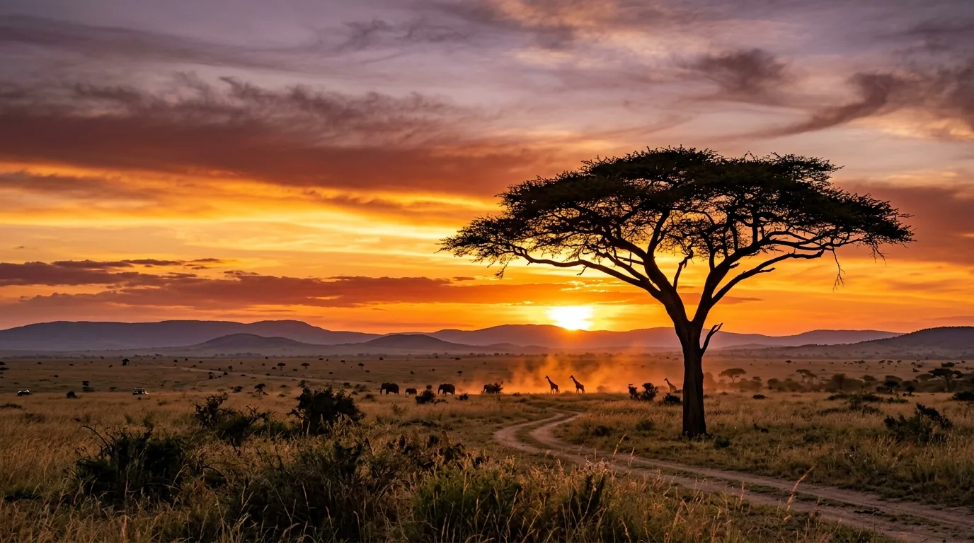 Iconic flat-topped umbrella acacia tree silhouetted against a glowing African sunset sky