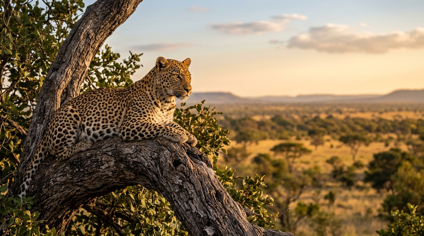 Majestic African leopard resting alert on a tree branch in Kruger National Park