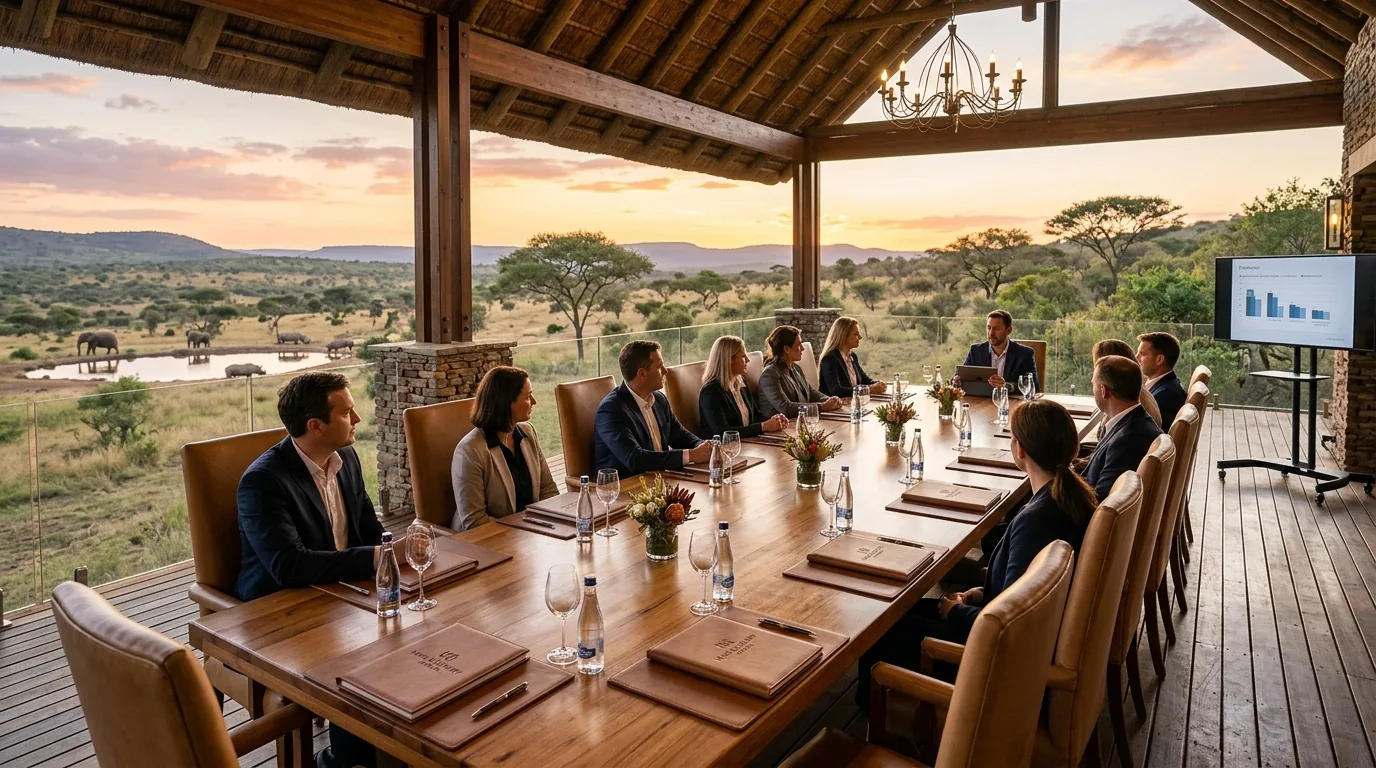 Exclusive executive corporate conference pavilion overlooking a private game reserve at sunset