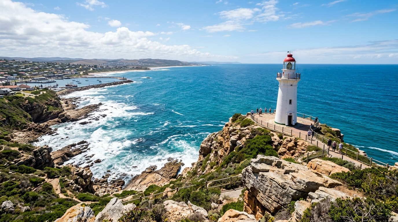 Historic Cape St Blaize Lighthouse on rugged coastal cliffs in Mossel Bay