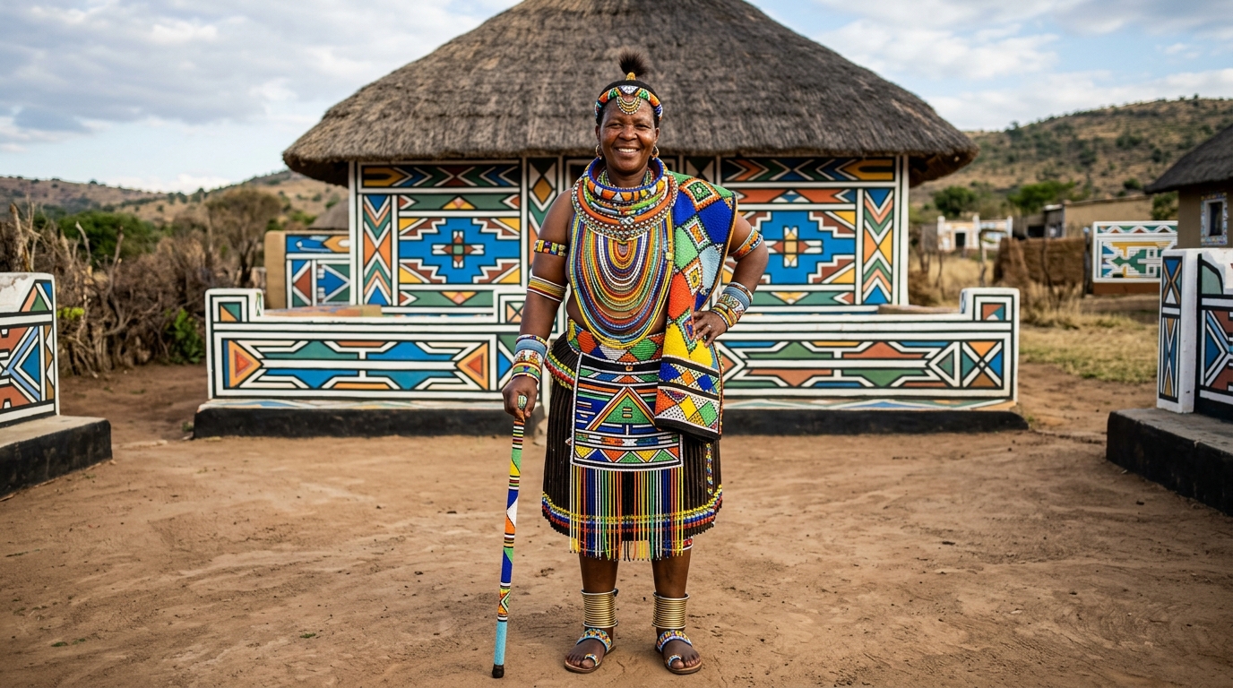 A Ndebele woman in traditional dress in front of hand-painted geometric houses