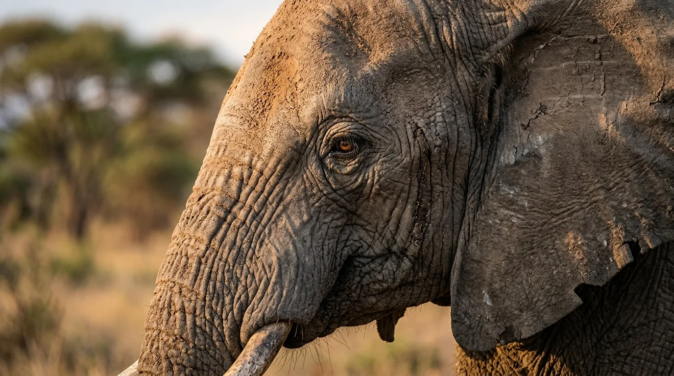 Intimate close-up portrait of an African elephant in warm golden sunlight
