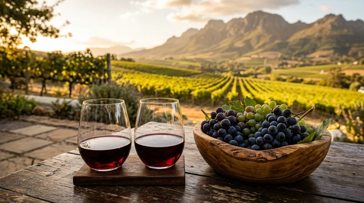 Fine South African red wine and fresh grapes overlooking sunlit Stellenbosch vineyards and mountains