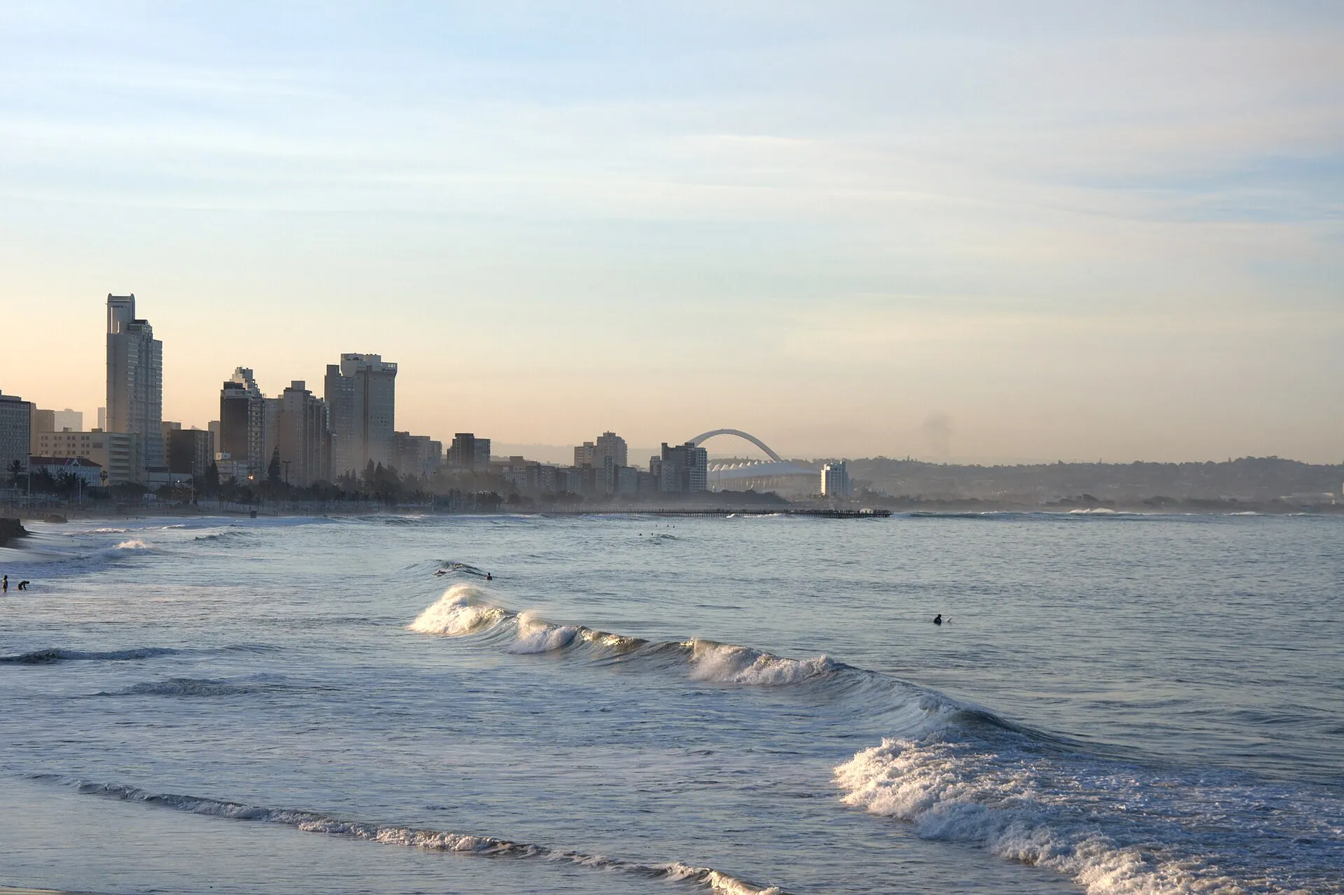 Durban's beachfront and skyline, with the arch of Moses Mabhida Stadium