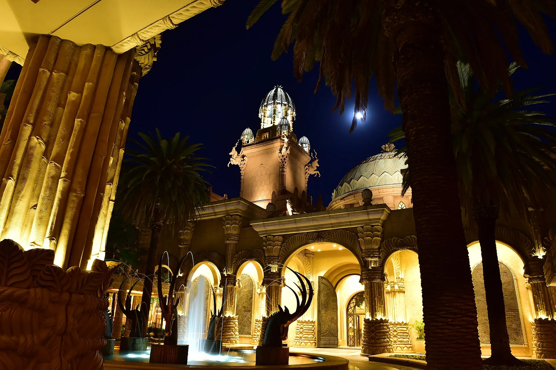 The Palace of the Lost City at Sun City, lit up at night